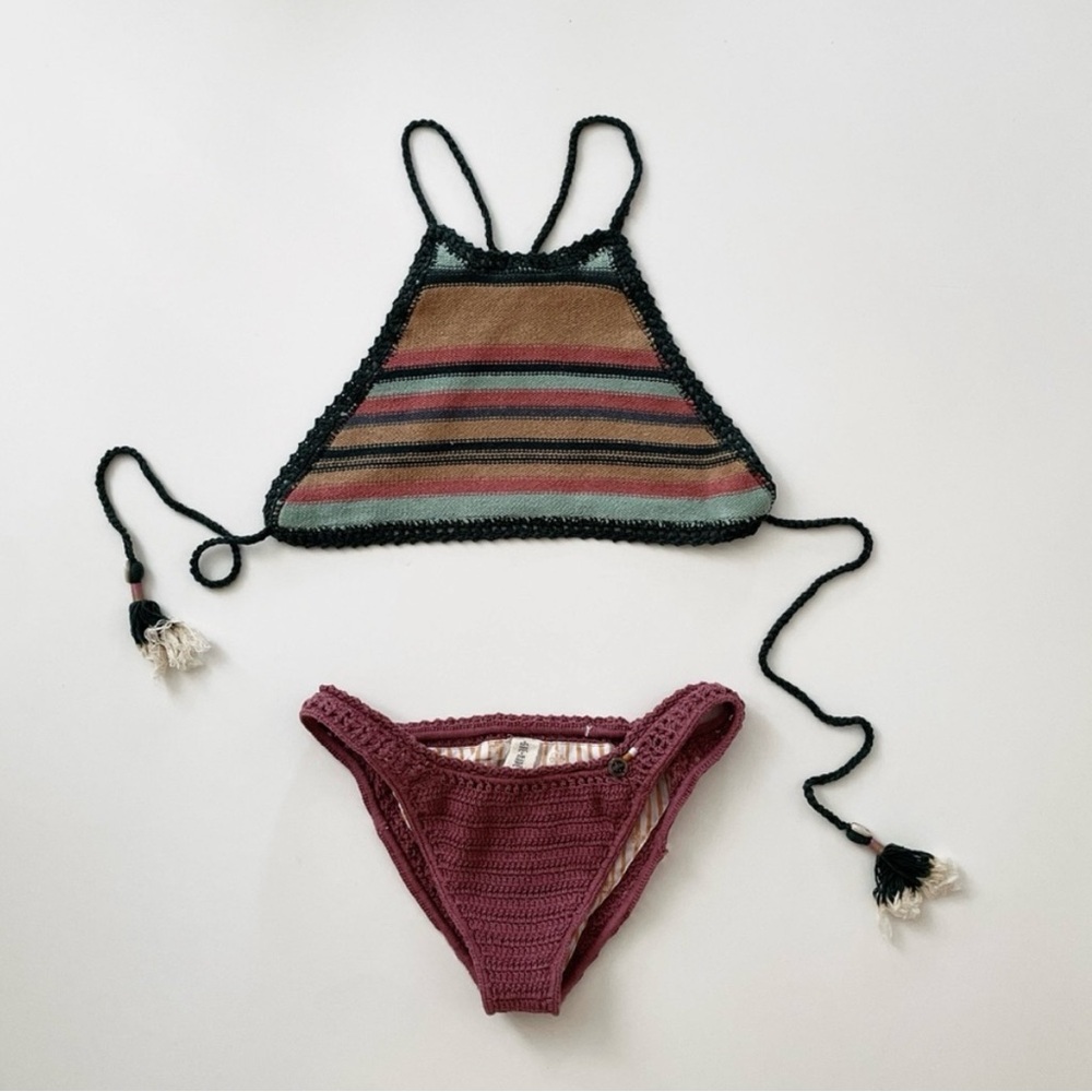 SHE MADE ME Free People Striped Halter Bikini in Striped Cotton